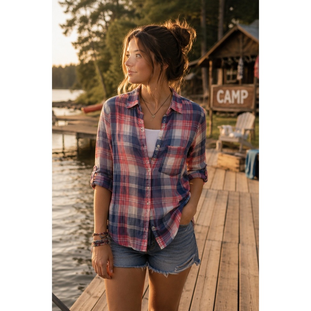 Scooter Brown‎ Kids Pink Blue Plaid Sheer Button Down Roll Tab Shirt Size S 7/8